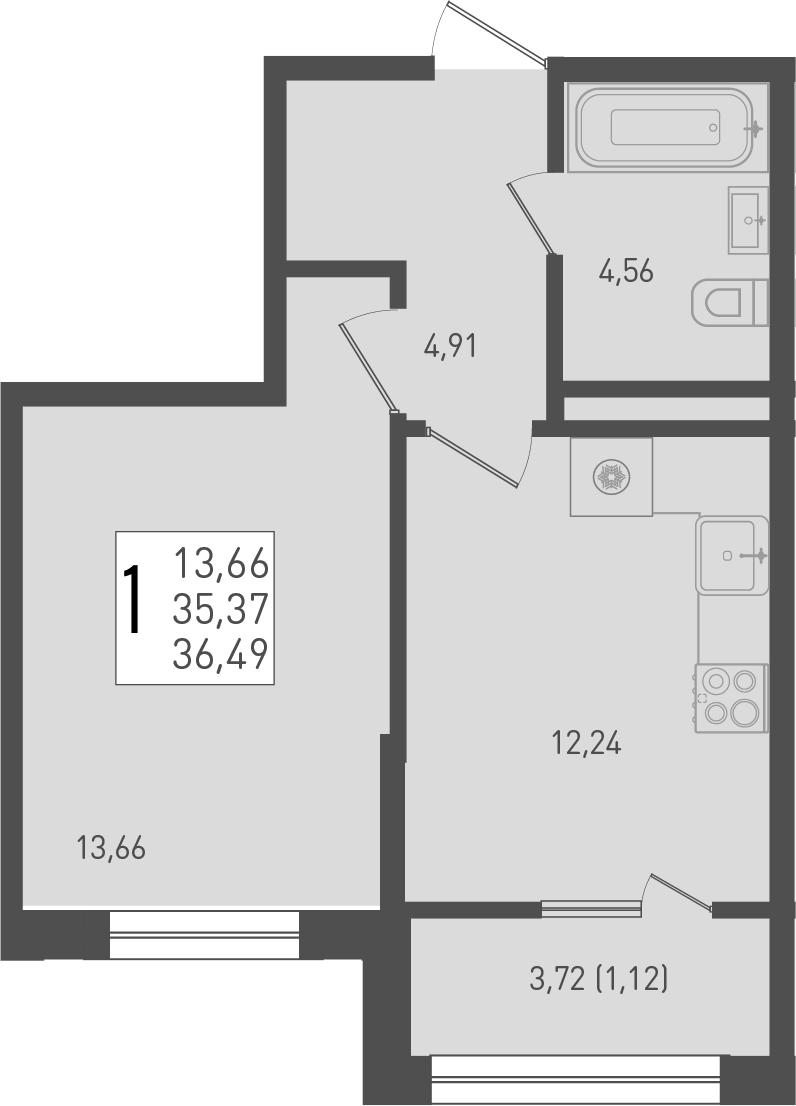 1-комн. квартира, 35.37 м² в ЖК Югге — фото 2