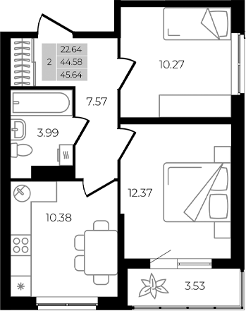 2-комн. квартира, 44.58 м² в ЖК Курортный регион — фото 2