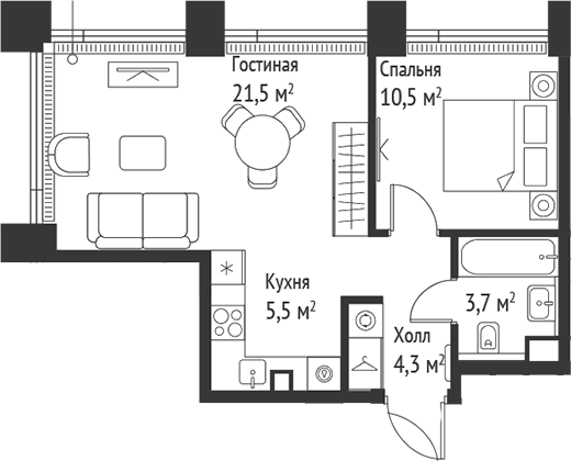 2-комн., 45.4 м², 52/52 этаж, ЖК «СЕТ»