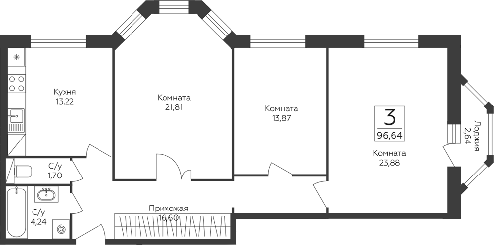 3-комн., 95.32 м², 5/17 этаж, ЖК «Пахра Сити»