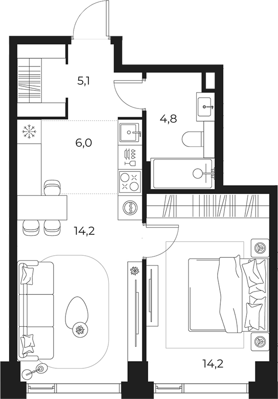 2-комн., 44.3 м², 12/23 этаж, ЖК «МАСТЕРС»