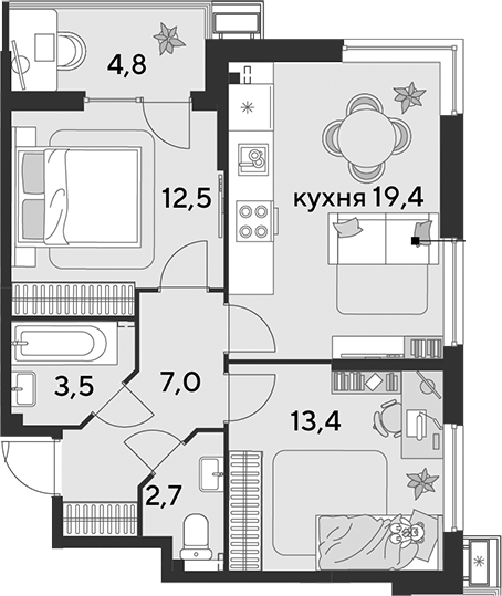 3-комн. квартира, 58.5 м² в ЖК Парк Победы — фото 2