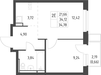 2-комн., 34.12 м², 3/17 этаж, ЖК «Новое Видное»