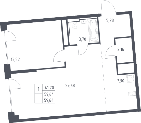 2-комн., 59.64 м², 2/17 этаж, ЖК «Квартал на воде»