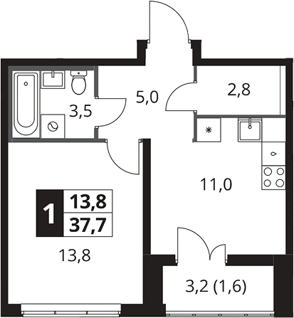 1-комн., 36.1 м², 3/25 этаж, ЖК «1-й Южный»