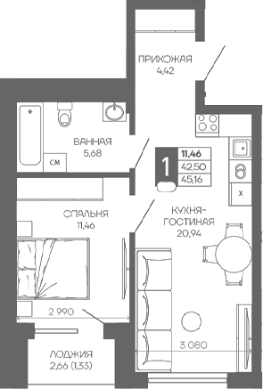 1-комн. квартира, 42.5 м² в ЖК Иначе в Молодежном — фото 2