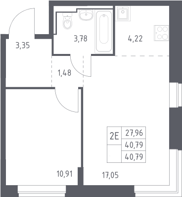 2-комн., 40.79 м², 7/12 этаж, ЖК «Богдановский лес»