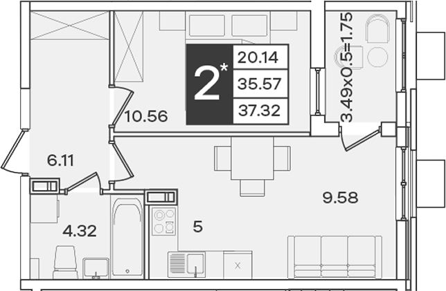 Продается 2-комн. квартира, 35.57 м²