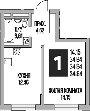 1-комн., 34.84 м², 6/8 этаж, ЖК «Гранель Живописный»