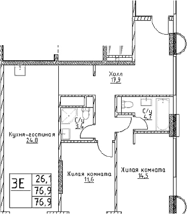 3-комн., 76.9 м², 26/29 этаж, ЖК «Наметкин Тауэр»