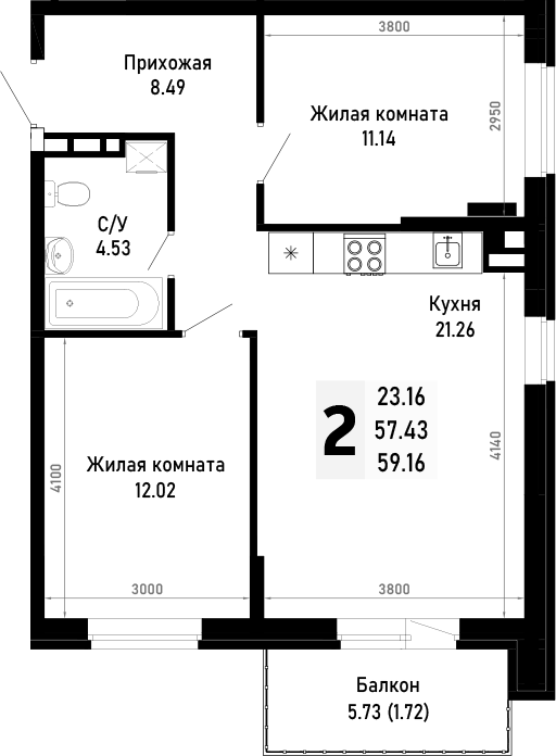 2-комн. квартира, 57.44 м² в ЖК Усадьба Гостагаевская — фото 2