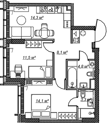 3-комн., 56.1 м², 33/59 этаж, ЖК «Веер»
