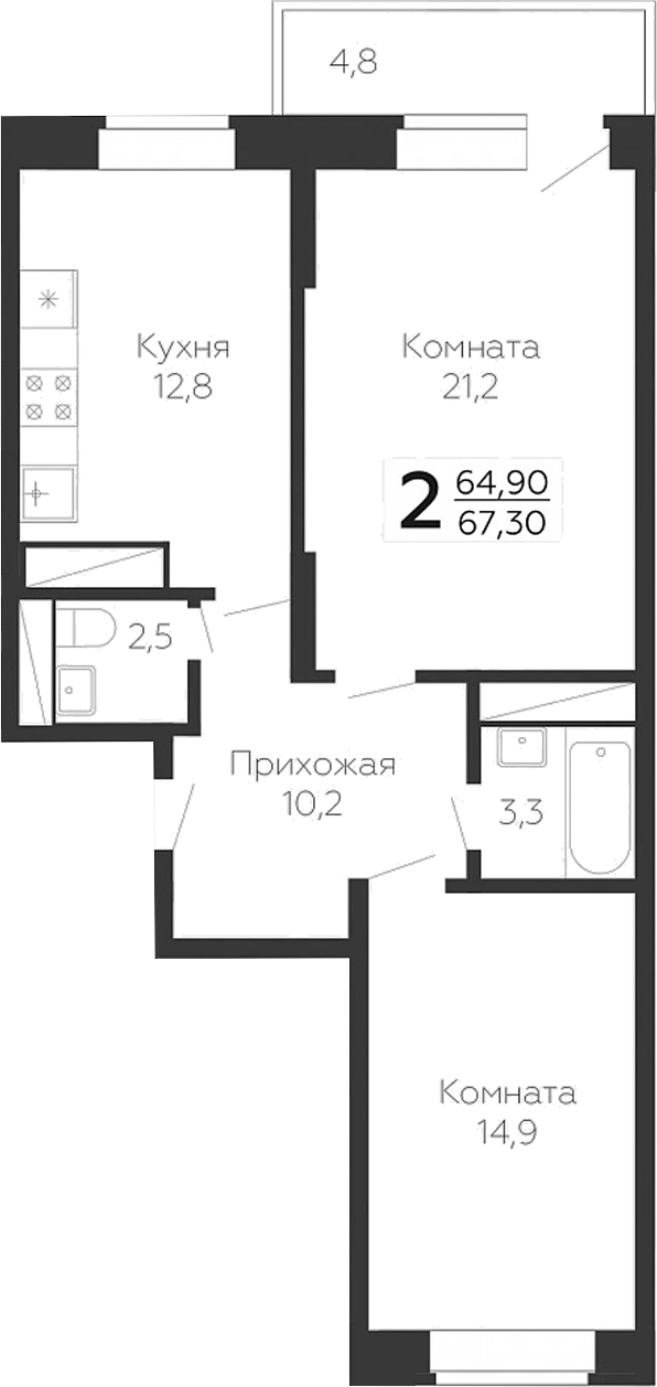 2-комн., 65.86 м², 10/22 этаж, ЖК «Онегин. ГК Развитие»