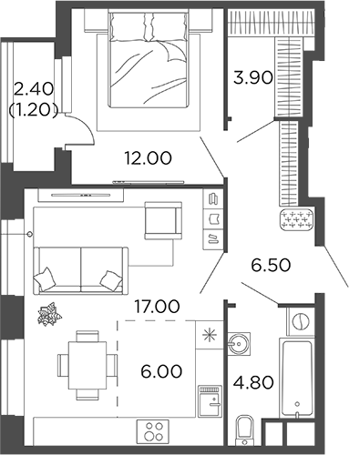 2-комн., 50.2 м², 7/12 этаж, ЖК «Филатов Луг»