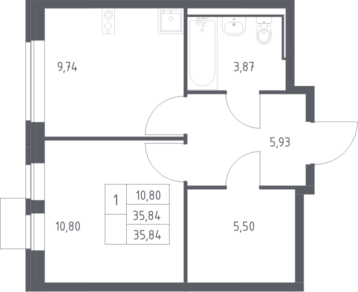 1-комн., 35.84 м², 3/7 этаж, ЖК «Молжаниново»