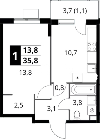 1-комн., 34.7 м², 8/16 этаж, ЖК «1-й Шереметьевский»