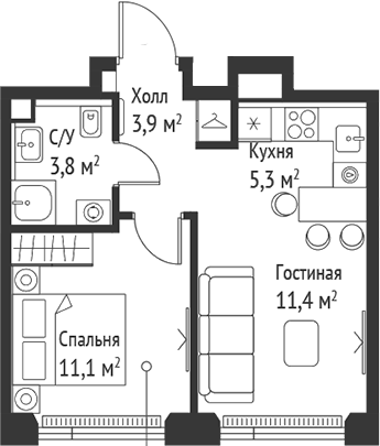 2-комн., 35.5 м², 29/52 этаж, ЖК «СЕТ»