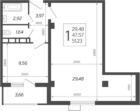 1-комн. квартира, 47.57 м² в ЖК Режиссер — фото 2