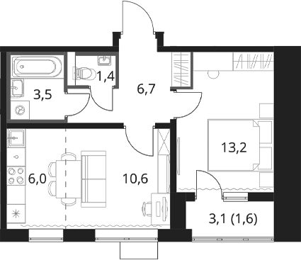 1-комн., 41.4 м², 2/16 этаж, ЖК «1-й Шереметьевский»