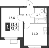 1-комн., 31.6 м², 10/24 этаж, ЖК «Южная Битца»