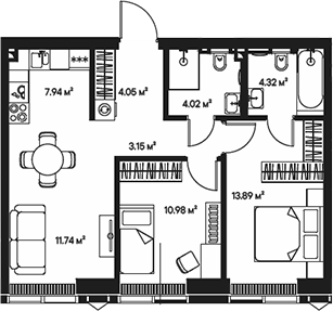 3-комн., 60.09 м², 12/57 этаж, ЖК «Джойс»