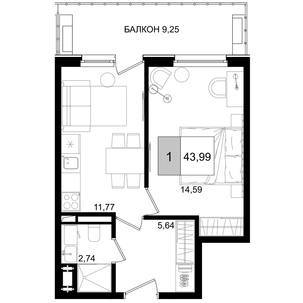 2-комн., 34.74 м², 2/8 этаж, ЖК «IT гостиничный комплекс Корсаков»