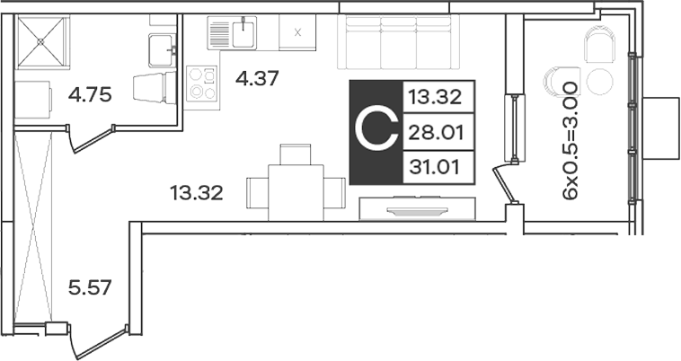 Продается 1-комн. квартира, 28.01 м²
