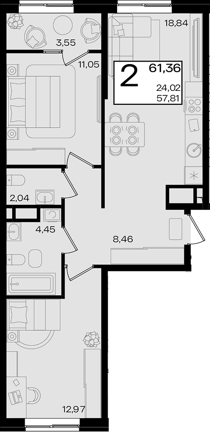 3-комн. квартира, 57.81 м² в ЖК Патрики — фото 2