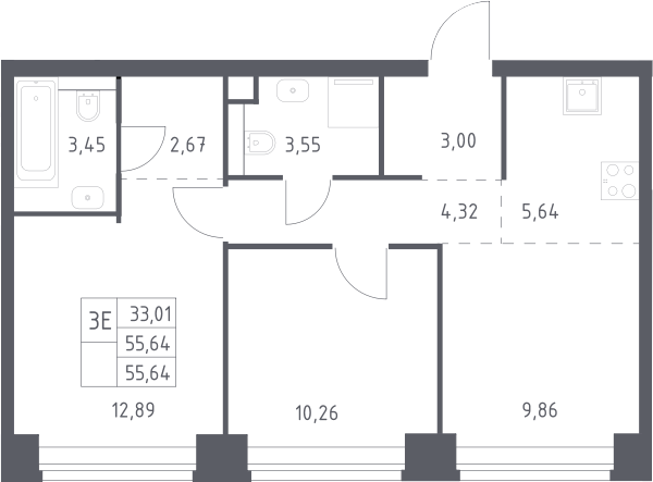 3-комн., 55.64 м², 30/40 этаж, ЖК «НОВА»