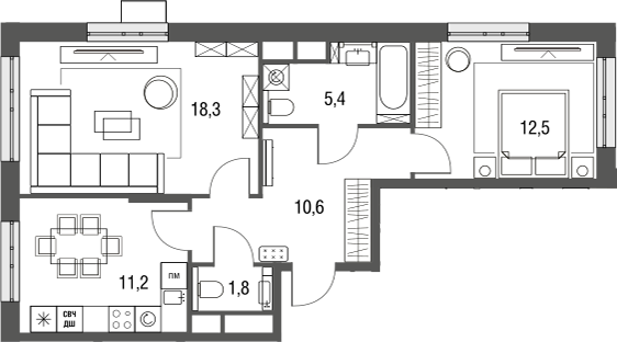 2-комн., 59.8 м², 12/19 этаж, ЖК «Сиреневый парк»
