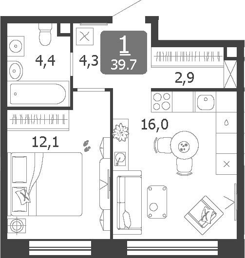2-комн., 39.7 м², 19/19 этаж, ЖК «Шагал»