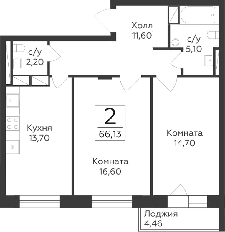 2-комн., 63.9 м², 8/17 этаж, ЖК «Малаховский»