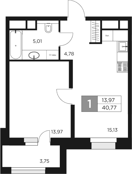 2-комн., 38.89 м², 3/17 этаж, ЖК «Восток 2»
