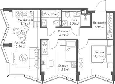 3-комн., 56.93 м², 23/24 этаж, ЖК «МИРА»