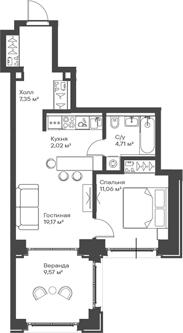2-комн., 44.31 м², 4/15 этаж, ЖК «Сити Бэй»