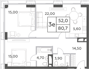 3-комн., 80.7 м², 23/52 этаж, ЖК «Will Towers»
