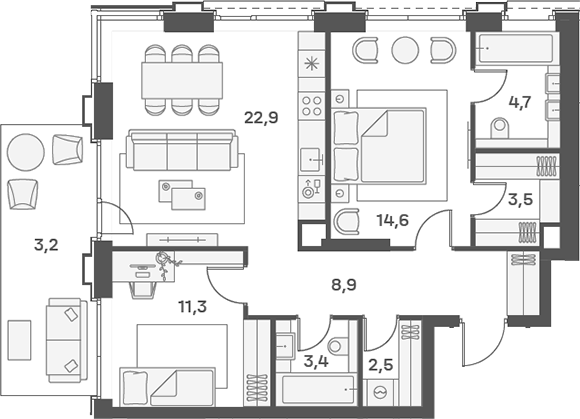 3-комн., 71.8 м², 2/25 этаж, ЖК «Портленд»