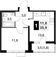 1-комн., 34 м², 11/16 этаж, ЖК «1-й Шереметьевский»