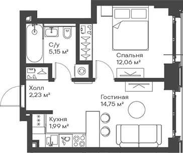 2-комн., 36.18 м², 6/15 этаж, ЖК «Сити Бэй»