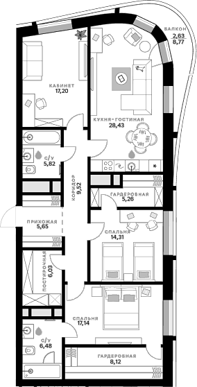 3-комн., 123.96 м², 5/11 этаж, ЖК «СберСити»