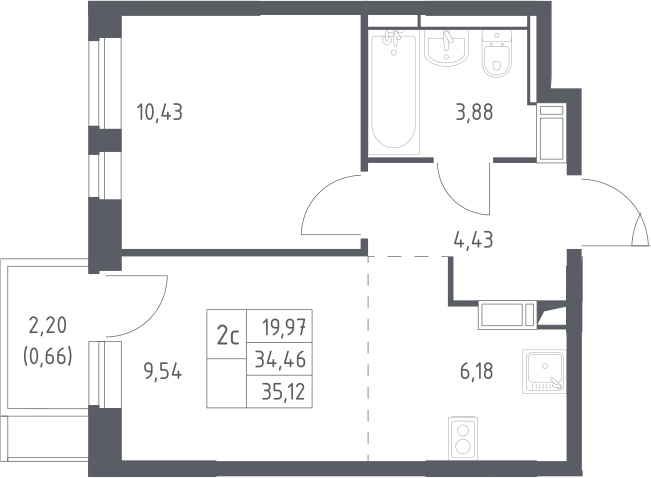 2-комн., 34.46 м², 12/12 этаж, ЖК «Пятницкие Луга»