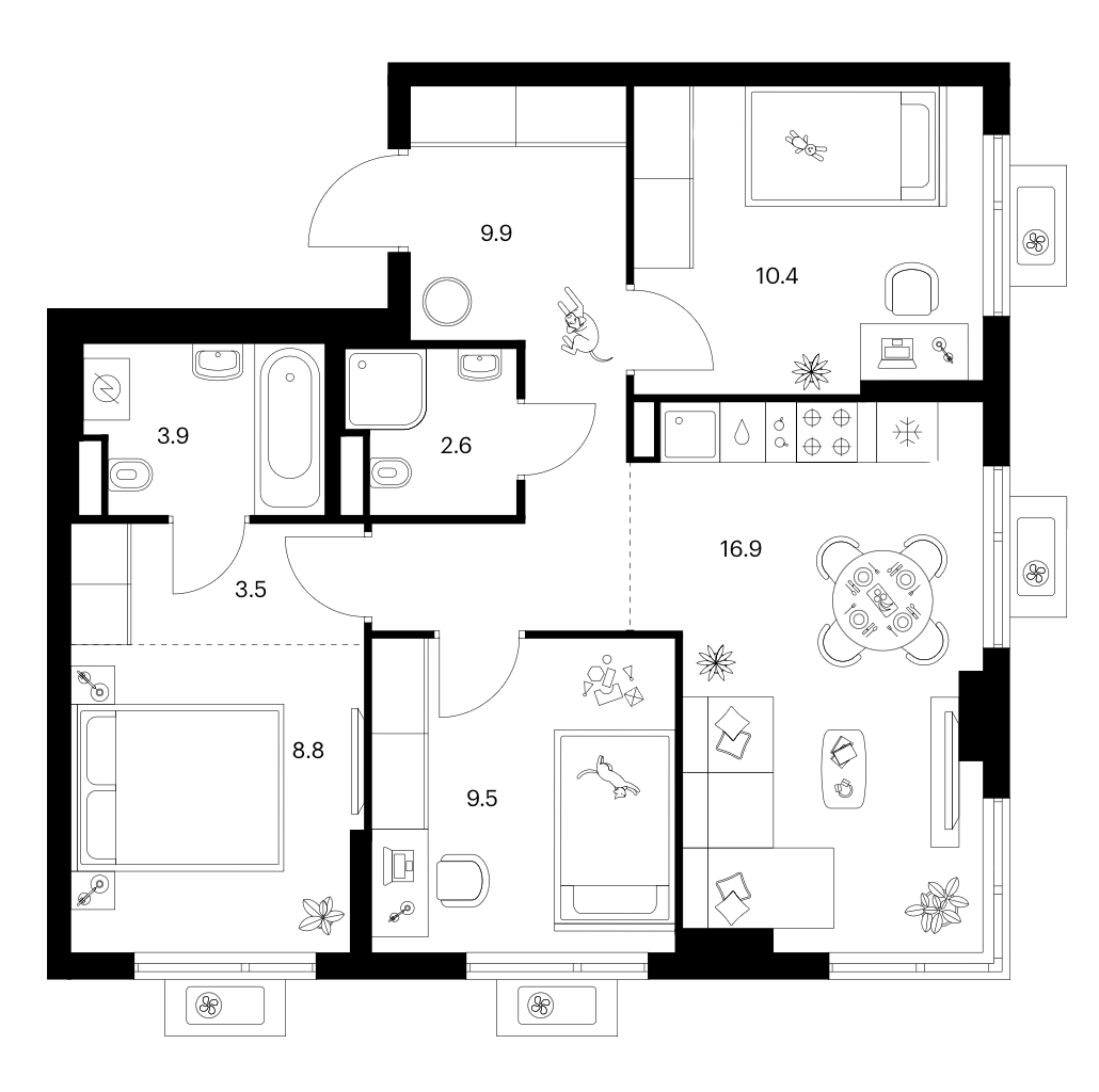 3-комн., 65.5 м², 9/17 этаж, ЖК «Белая Дача парк»