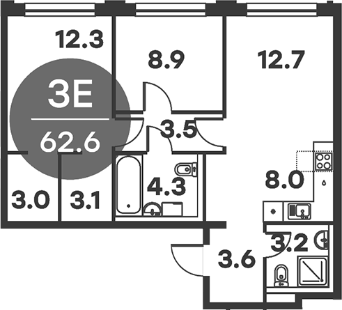 3-комн., 62.6 м², 3/6 этаж, ЖК «Равновесие»