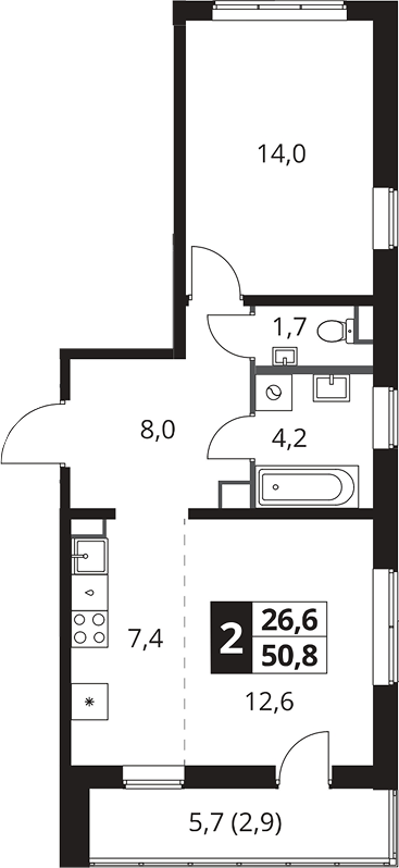 2-комн., 47.9 м², 4/25 этаж, ЖК «1-й Южный»