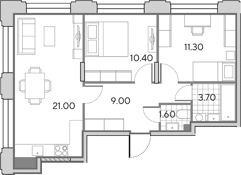 3-комн., 57 м², 9/9 этаж, ЖК «Вейв»