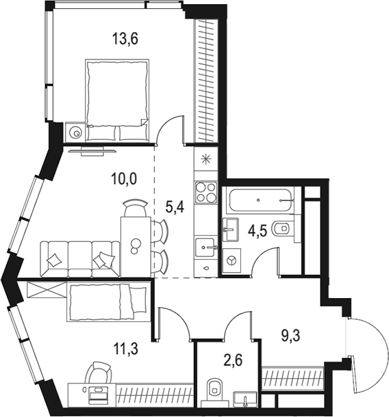 3-комн., 56.7 м², 41/48 этаж, ЖК «Левел Мичуринский»