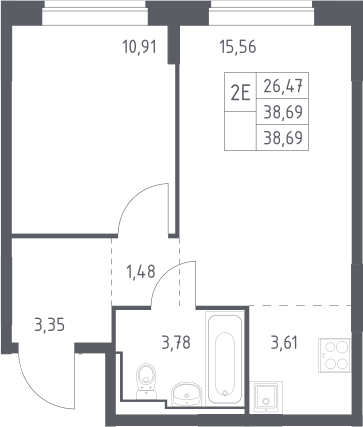 2-комн., 38.69 м², 3/12 этаж, ЖК «Богдановский лес»