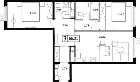 3-комн., 66.31 м², 17/17 этаж, ЖК «У реки.Эко Видное 2.0»