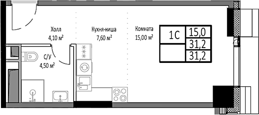 Студия, 31.2 м², 29/35 этаж, ЖК «Мираполис»