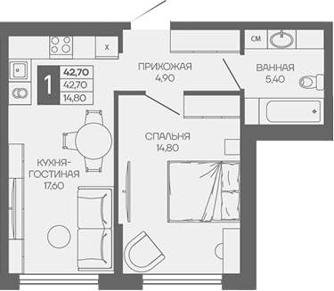 1-комн. квартира, 42.7 м² в ЖК Иначе в Молодежном — фото 2